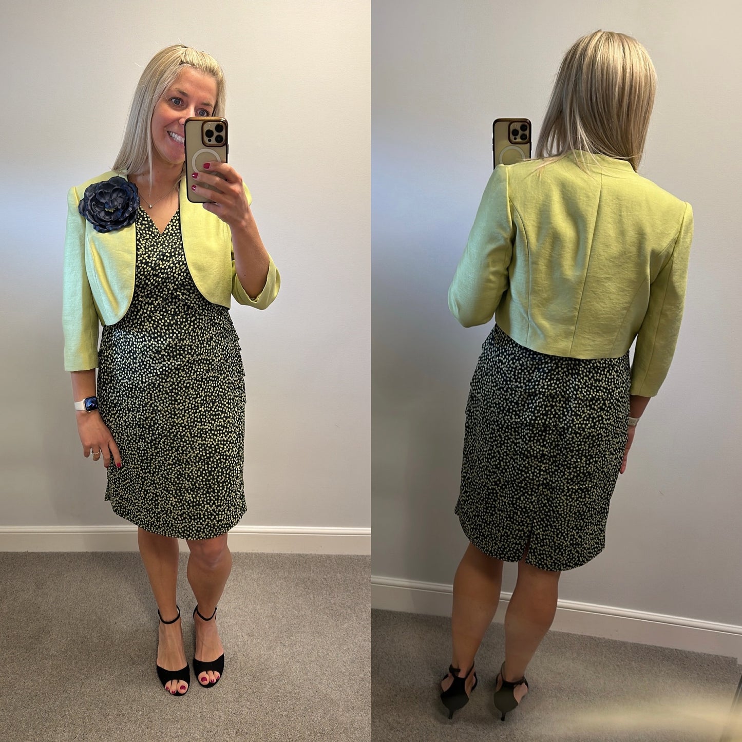Jacques vert lime green and black polka dot dress and jacket size 14