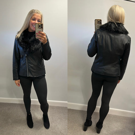 Wallis black leather style jacket with removable faux fur collar size 16 petite