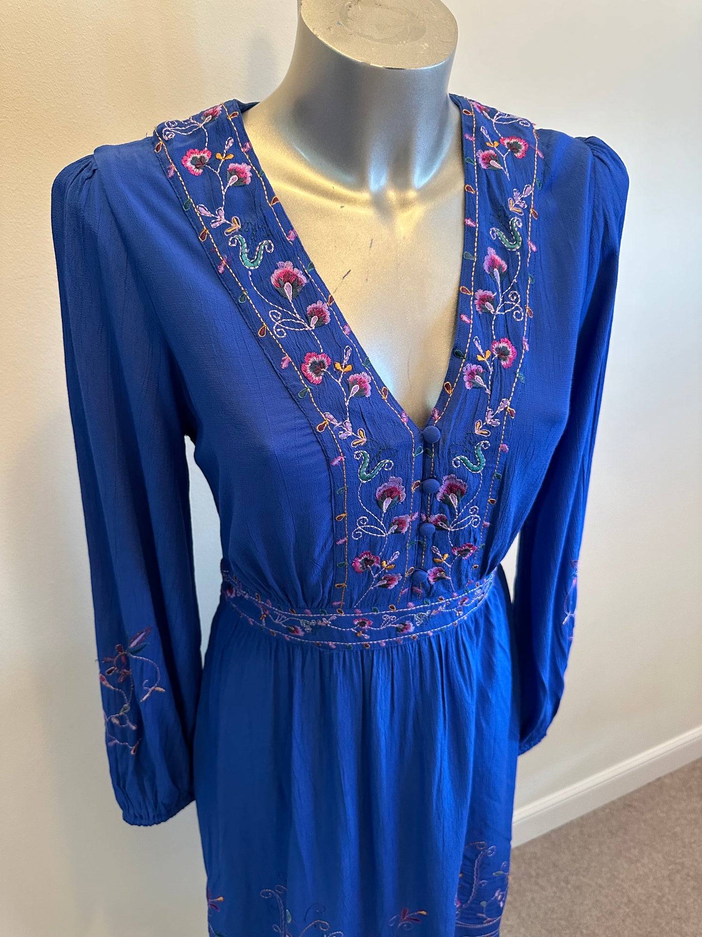 Monsoon blue embroidered midi dress size 12