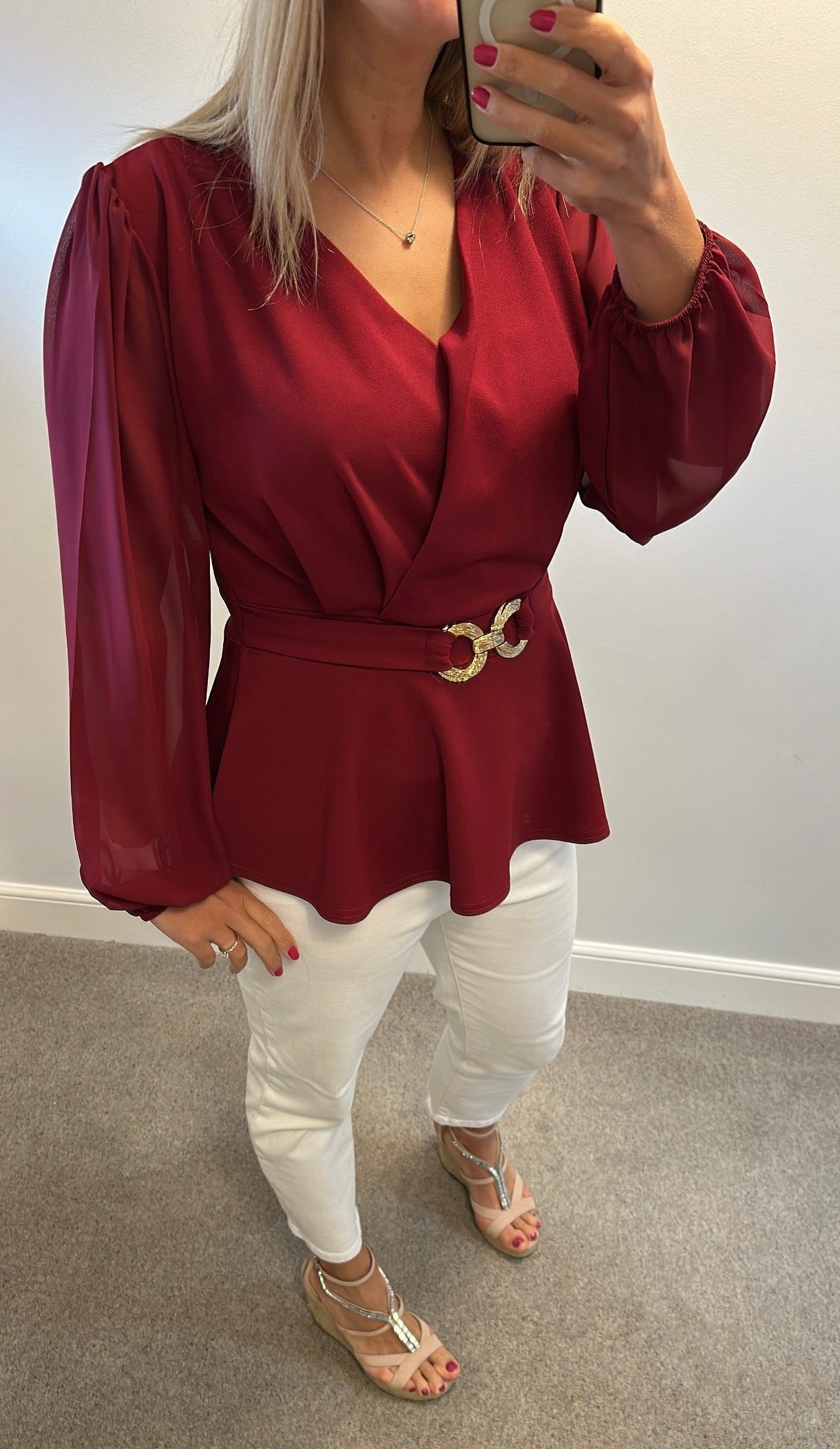 Quiz burgundy and gold buckle top size 16