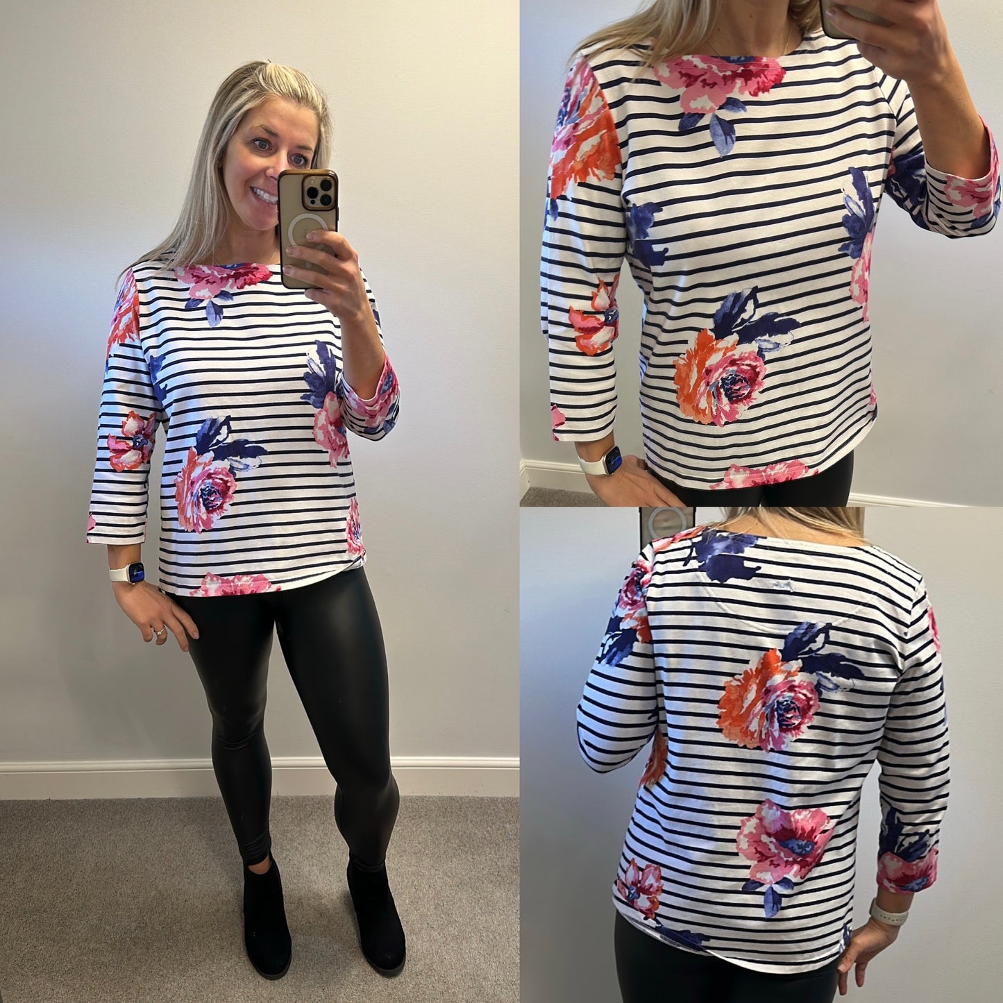 Joules white and navy stripe floral jumper top size 16