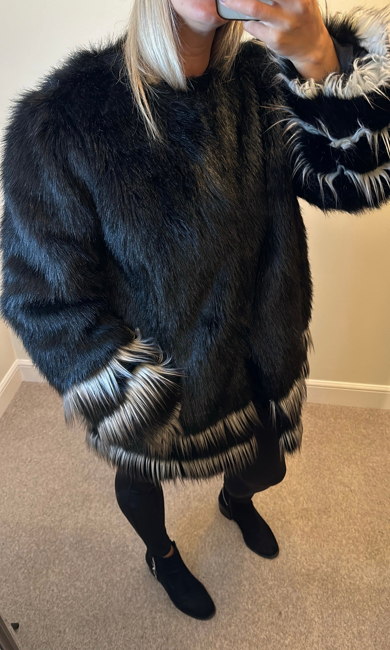 Limited edition black faux fur coat with pockets size 18