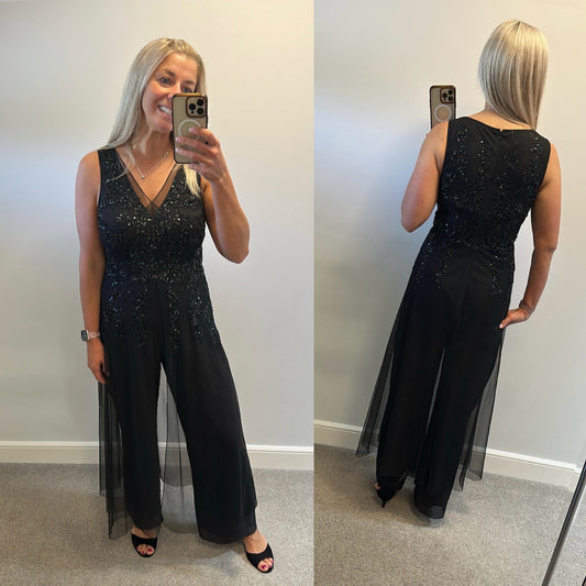Adrianna Papell black beaded “Georgette” Jumpsuit size 12 RRP £289