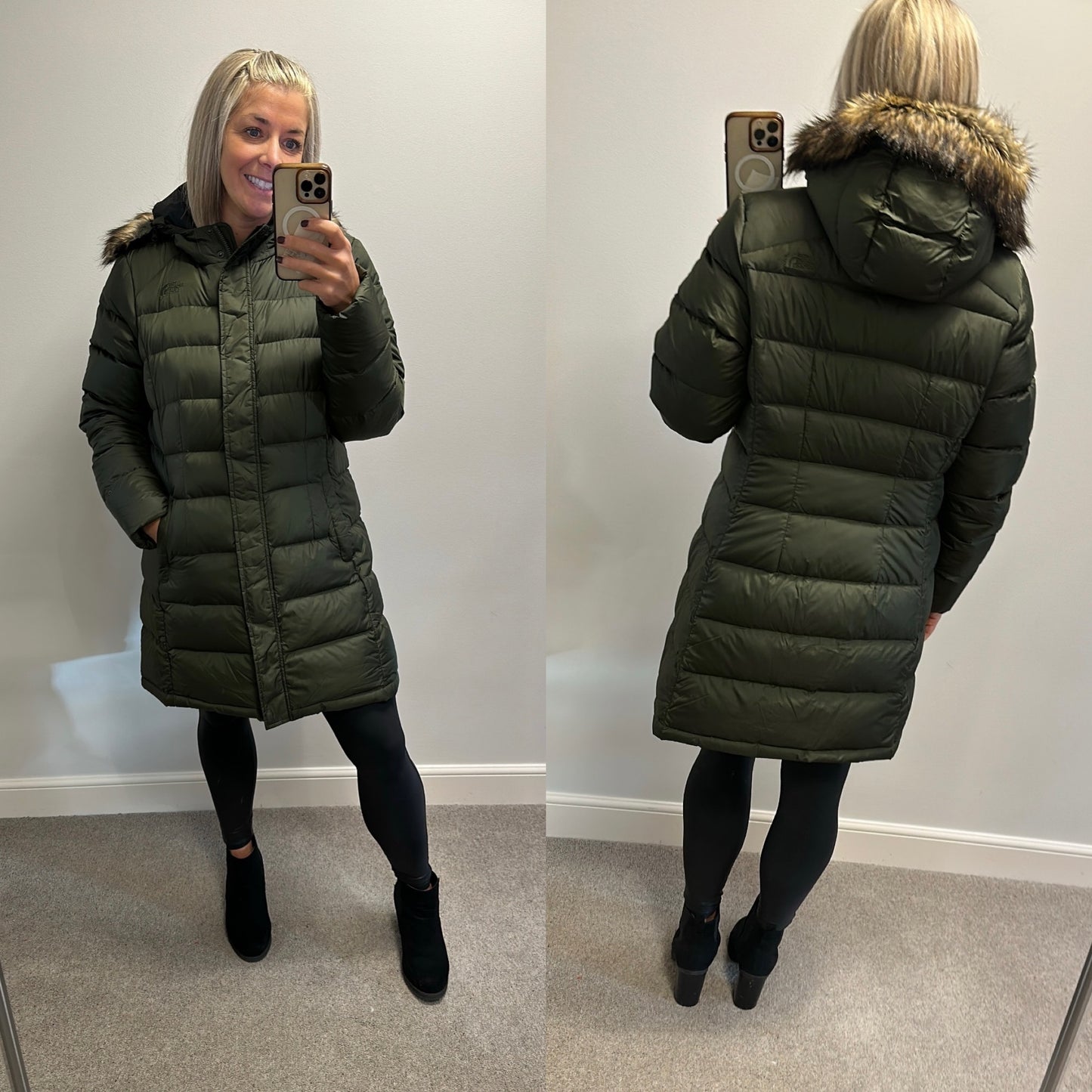 North face khaki 550 long quilted jacket size XL would fit upto size 16