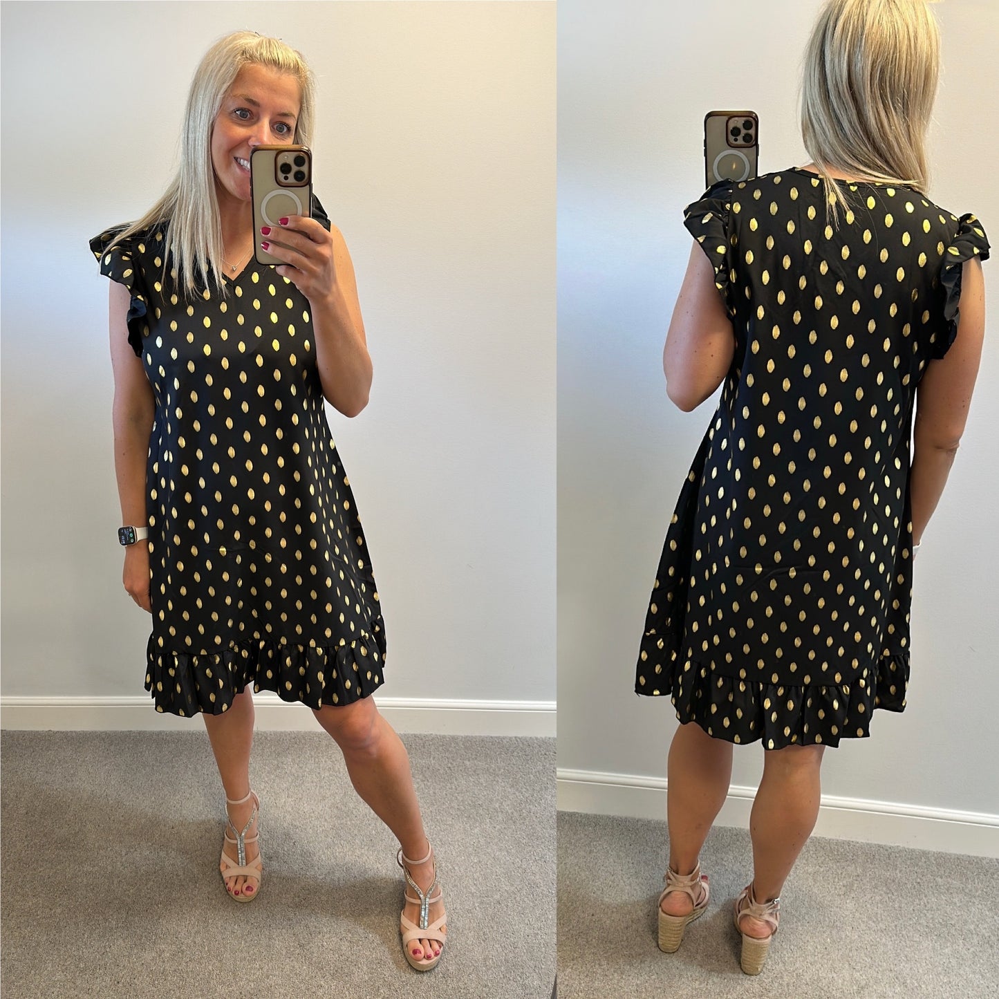 Black and gold dot summer dress onesize fitting upto size 16
