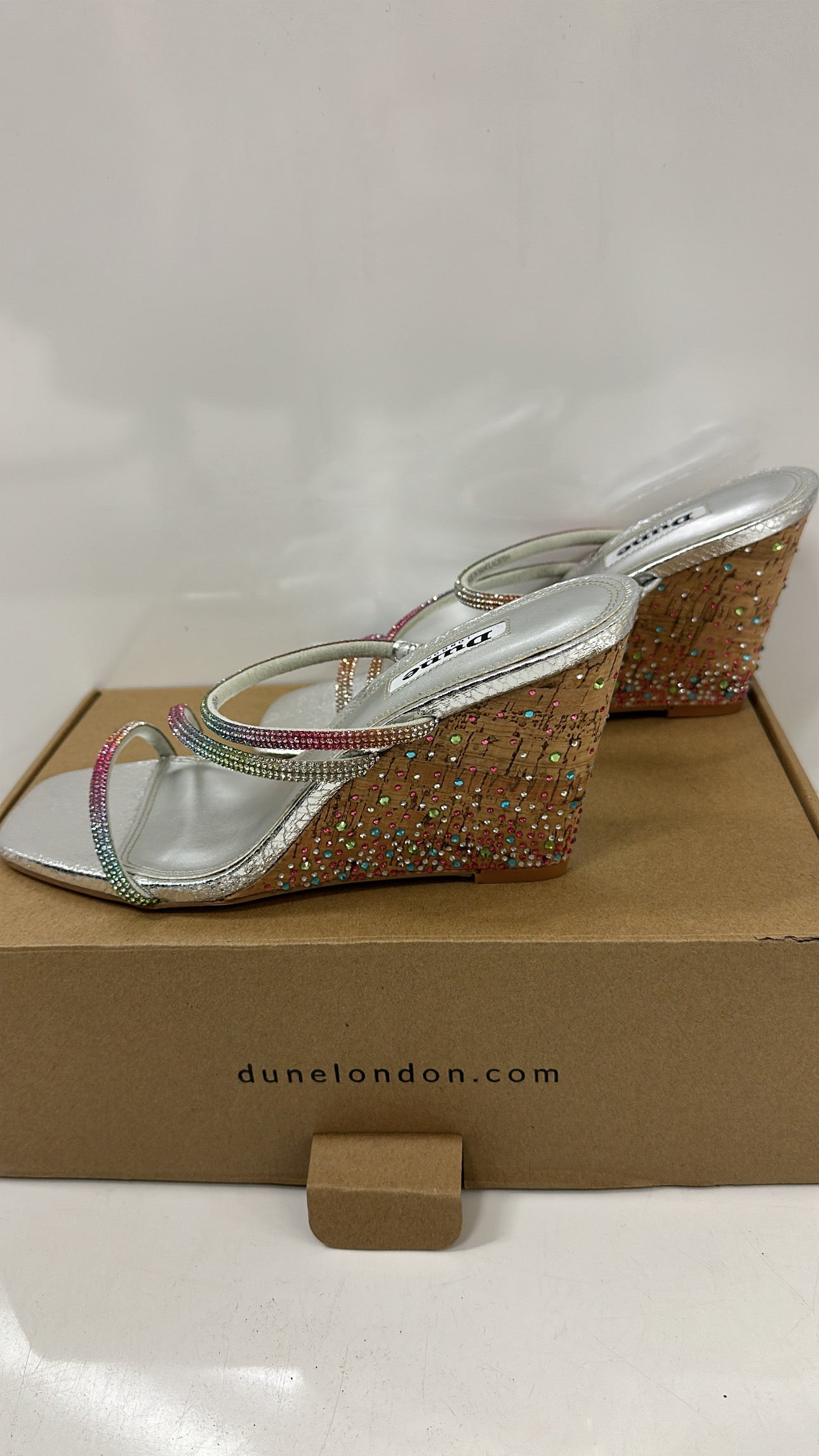 Dune London “Miri” silver Diamante Cork Wedge Sandals UK 5 brand new in box