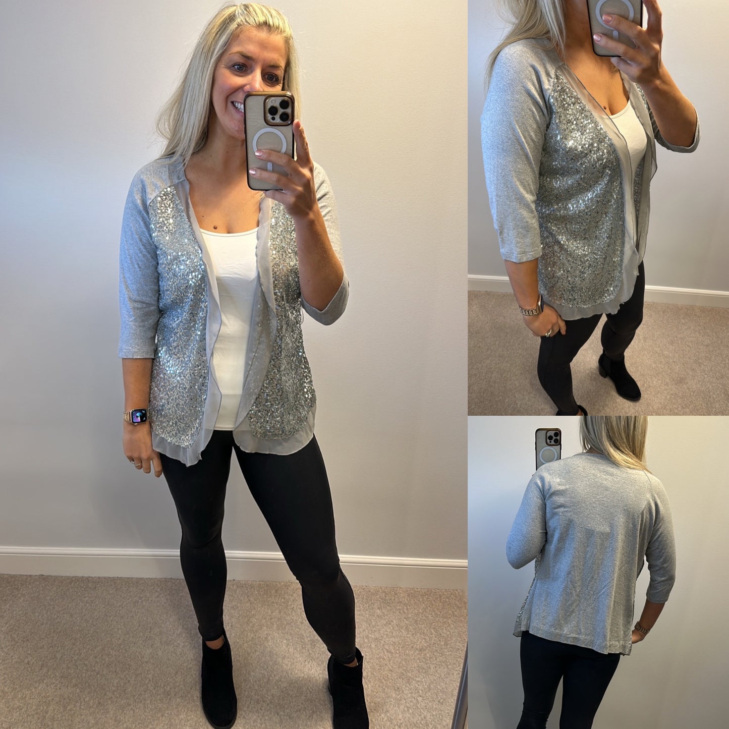 Indigo moon Grey sequin cardigan would fit upto size 14