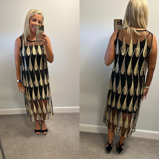Spotlight by warehouse black and gold leaf dress size 14