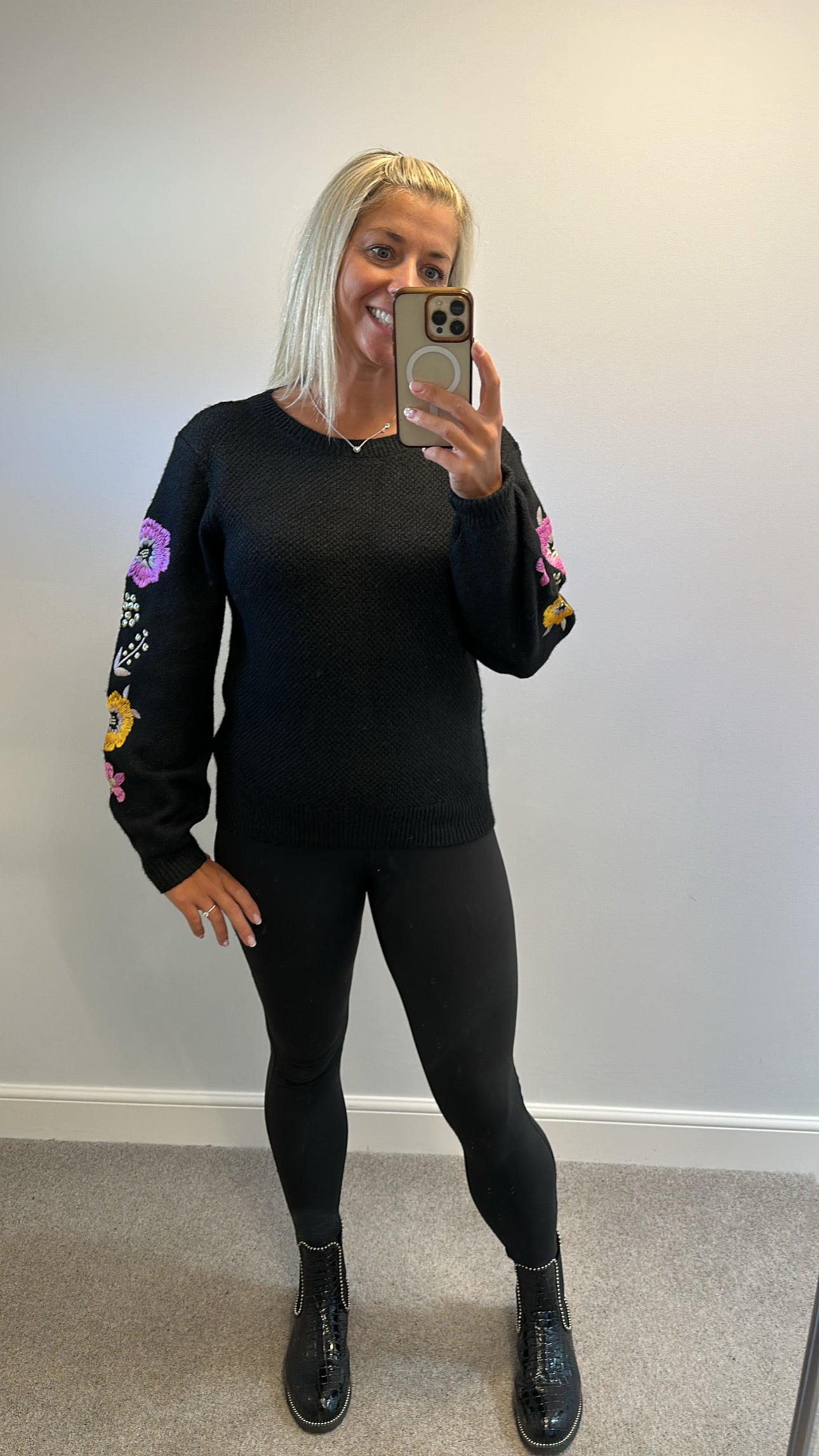Monsoon black floral embroidered knit jumper size M would fit upto size 14