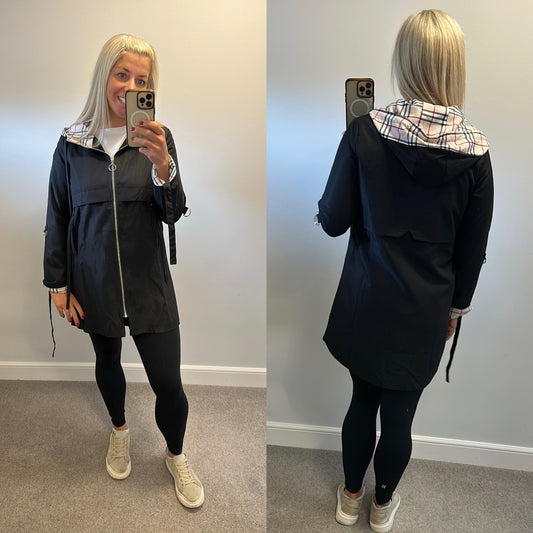 Black checked jacket one size would fit upto size 14 brand new without tags