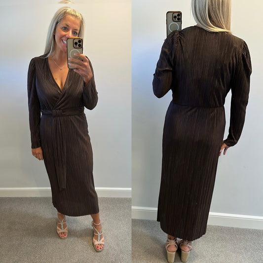 Brown pleated midi dress would fit upto size 14