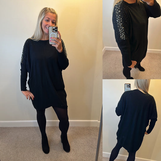 “Viki design” black embellished jumper dress one size fitting upto size 20 brand new with tags