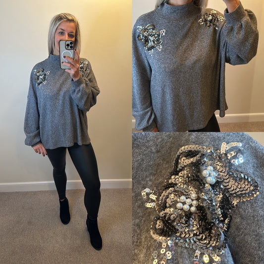 Grey embellished polo neck jumper size 18