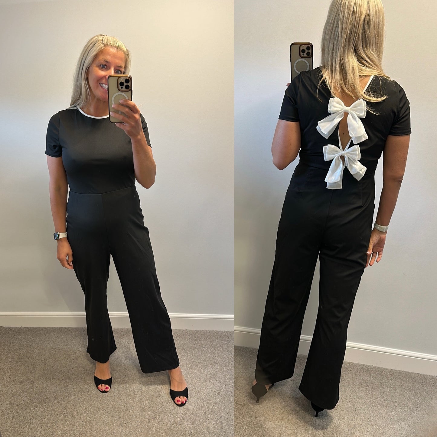 Black jumpsuit with bow detail on back one side would fit upto size 14