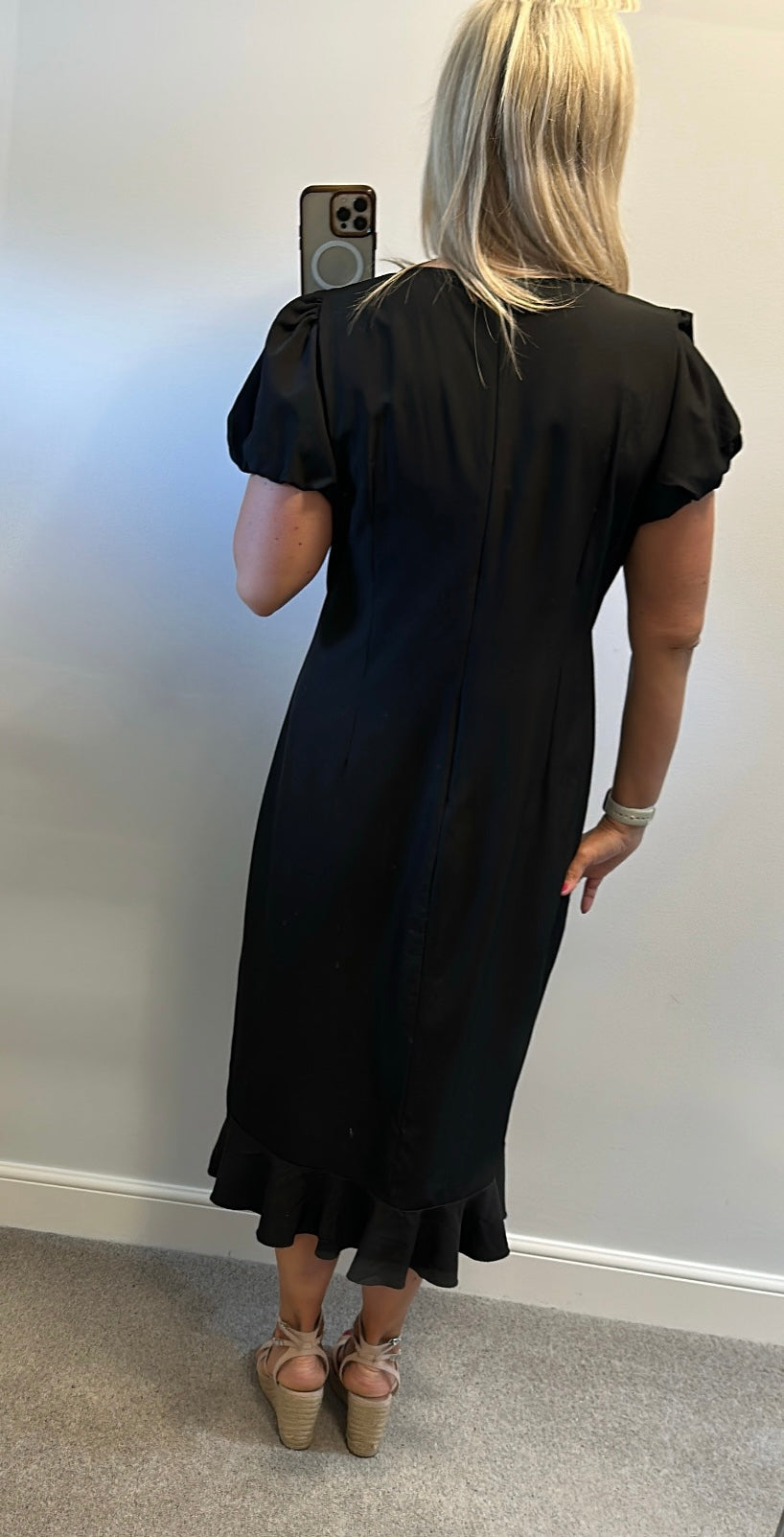 Black embroidered mesh midi dress with puff sleeves one size fitting upto size 16