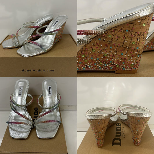 Dune London “Miri” silver Diamante Cork Wedge Sandals UK 5 brand new in box