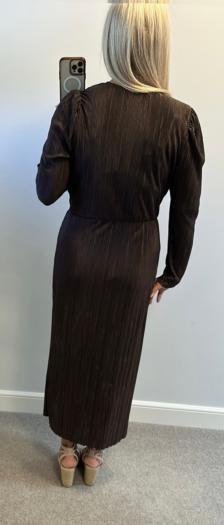 Brown pleated midi dress would fit upto size 14