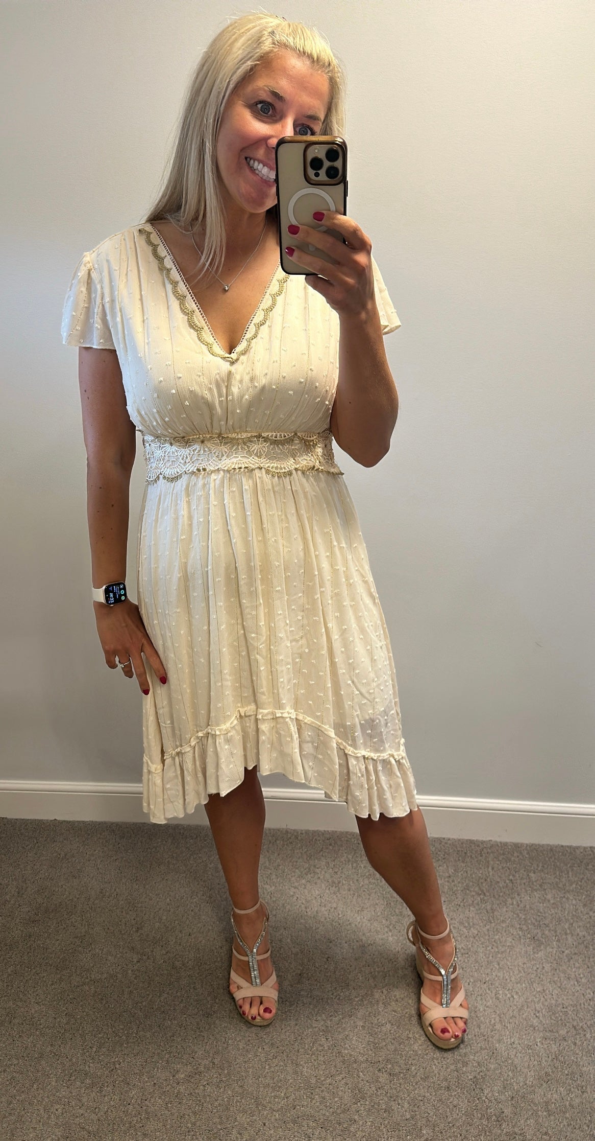 Azara cream and gold summer dress would fit upto size 14