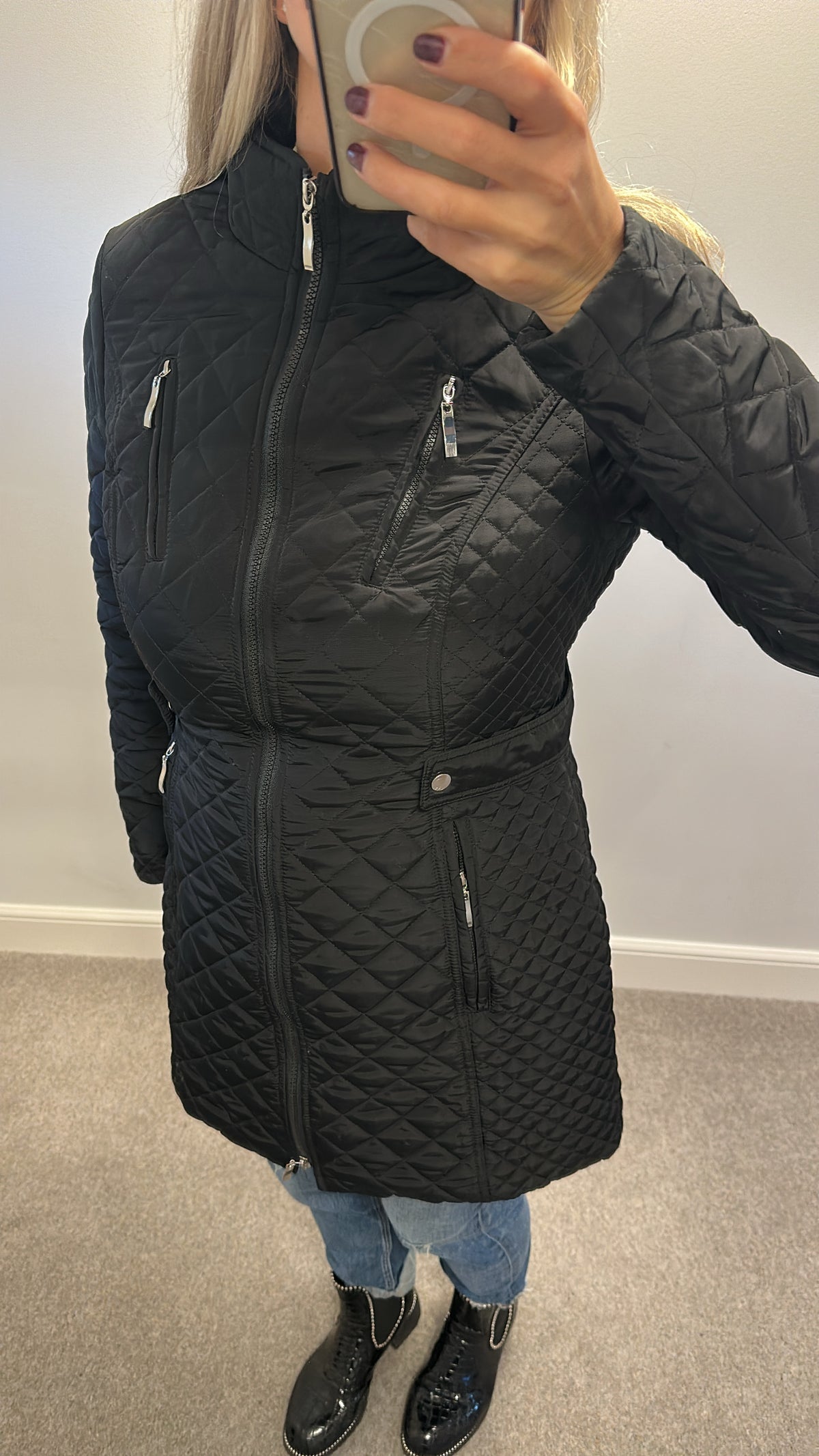 Patrizia Dini black diamond quilted mid length zip up jacket size 12 also available in beige