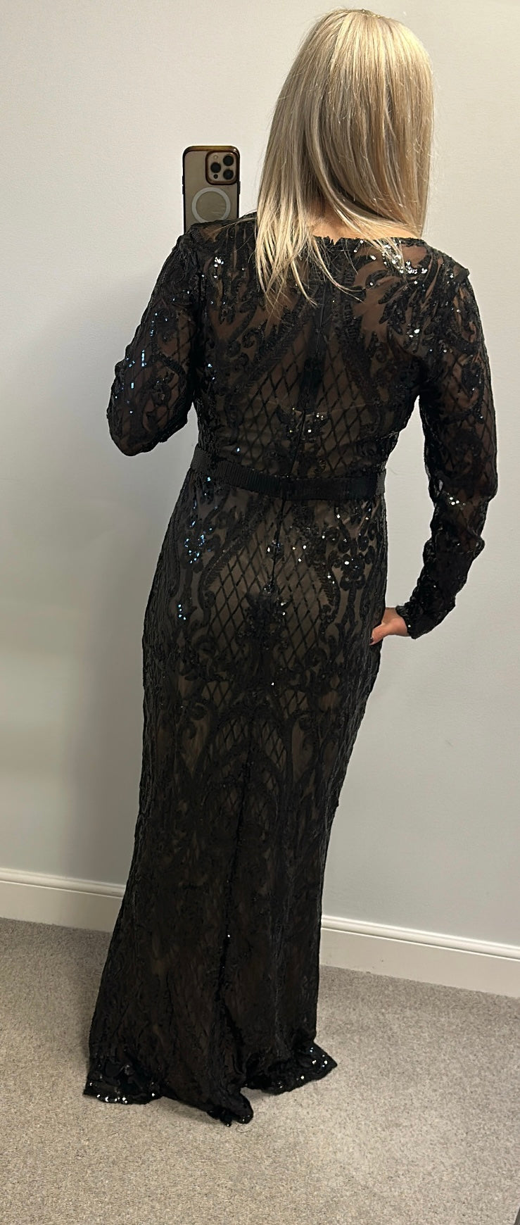 Goddiva long black sequin evening dress with square neck small size 16