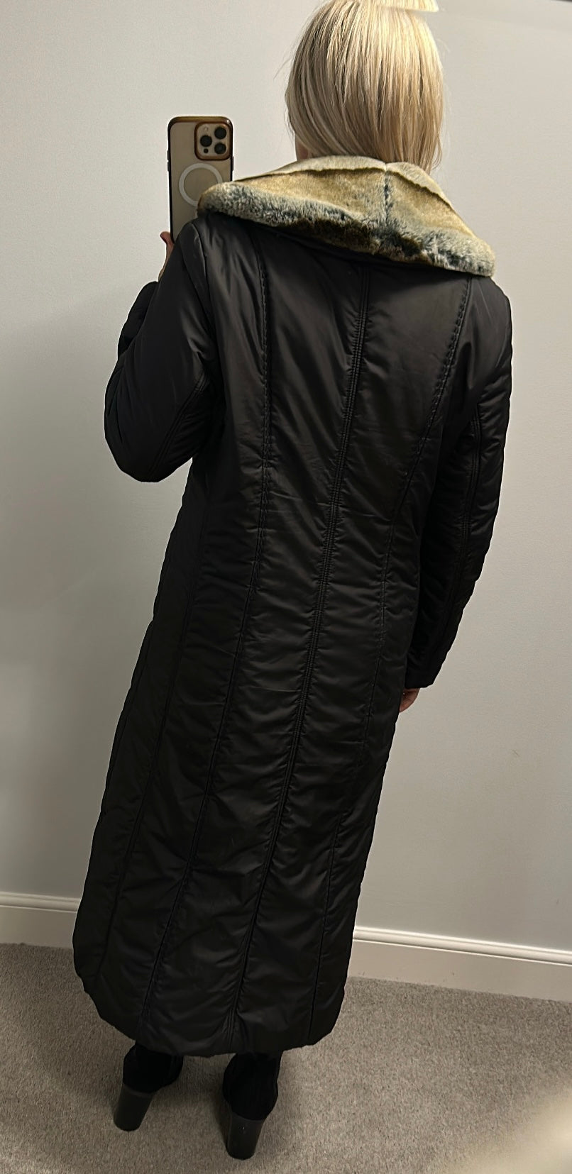 Frandsen black long jacket with removable faux fur collar would fit upto size 14