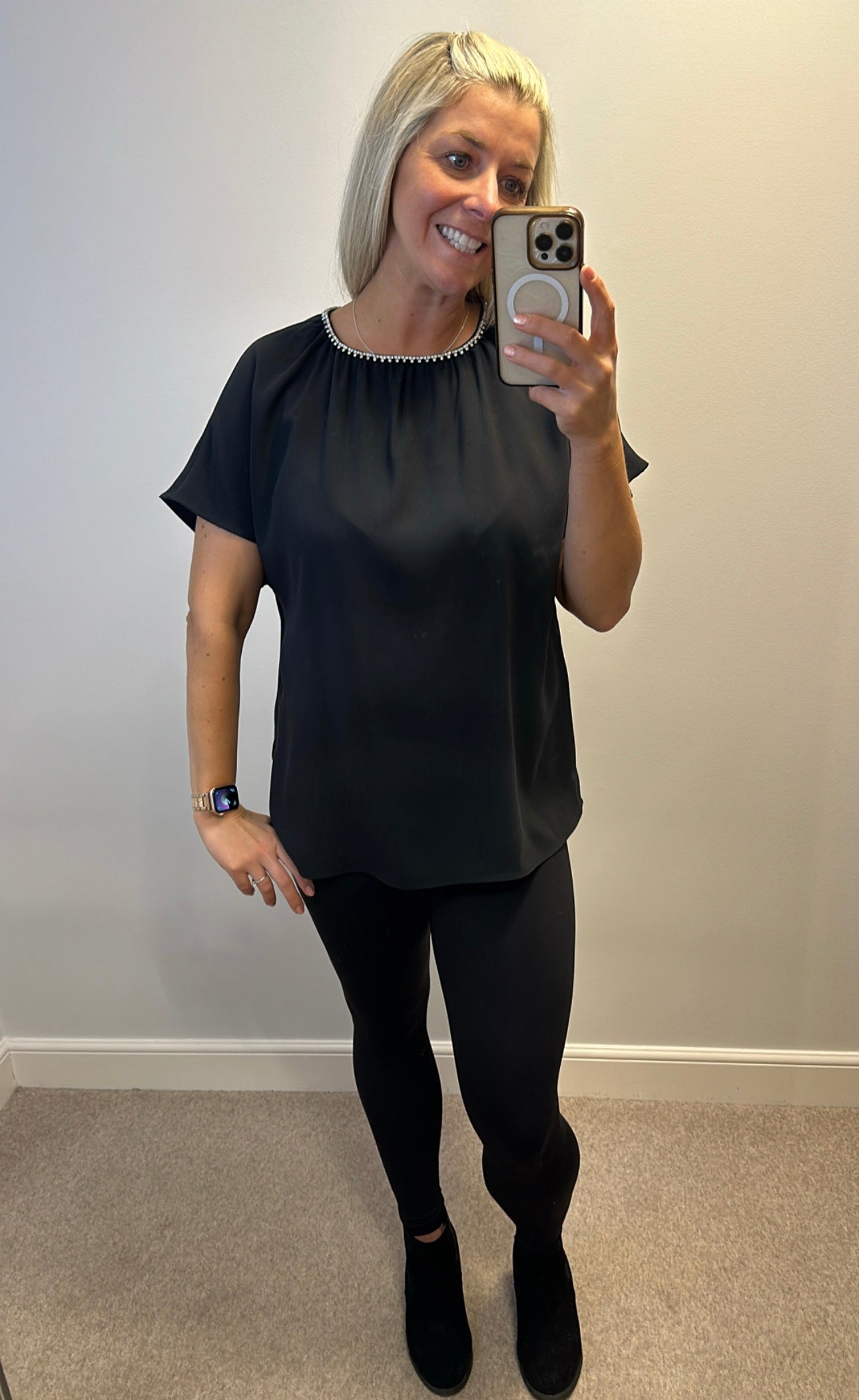 Marks and Spencer’s black top with beaded collar size 14