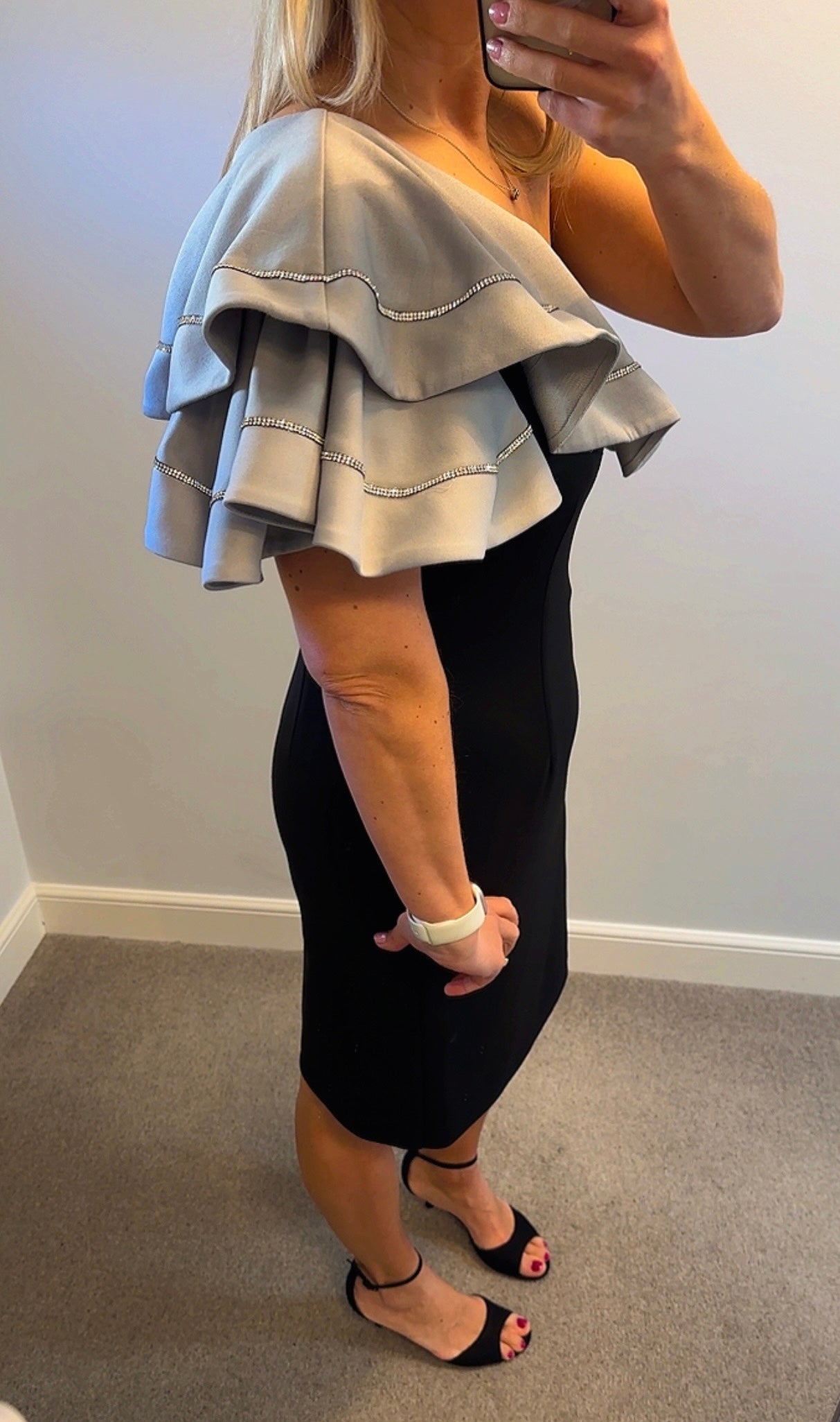 Frank Lyman black and silver one shoulder dress size 14