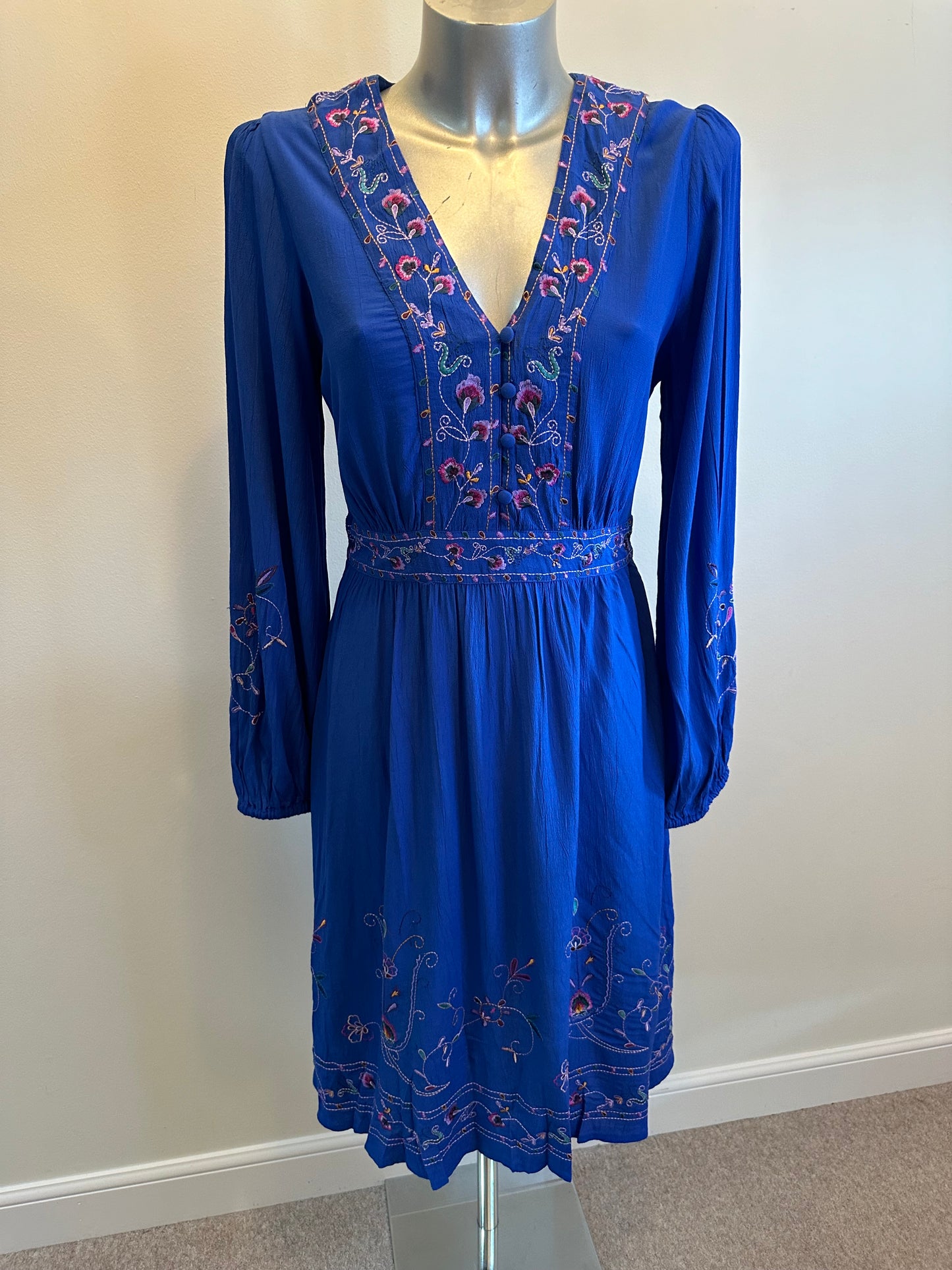 Monsoon blue embroidered midi dress size 12