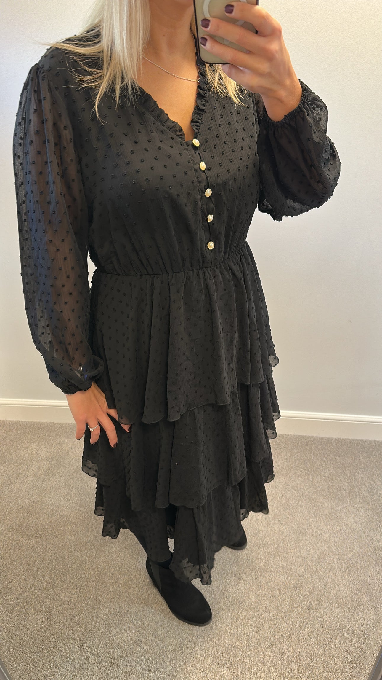 JD Williams black pearl button ruffle dress size 14