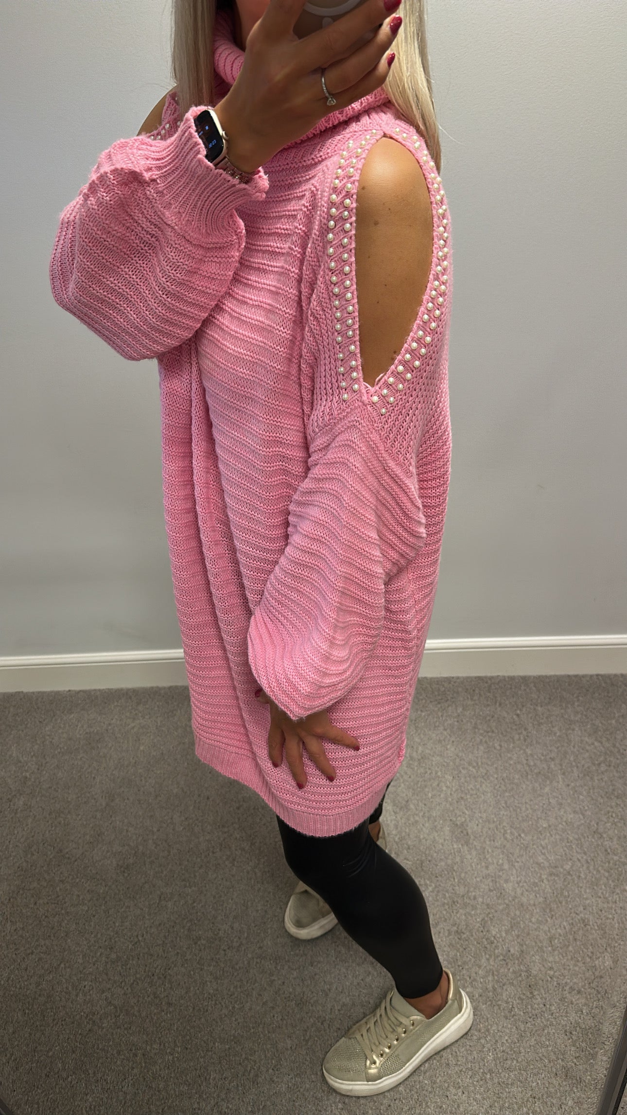 Pink cold shoulder pearl knit turtleneck jumper / dress one size would fit upto size 18