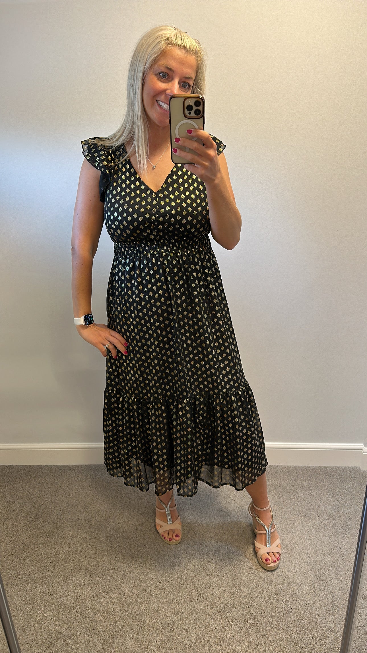 Black and gold polka dot floaty midi dress onesize fitting upto size 12