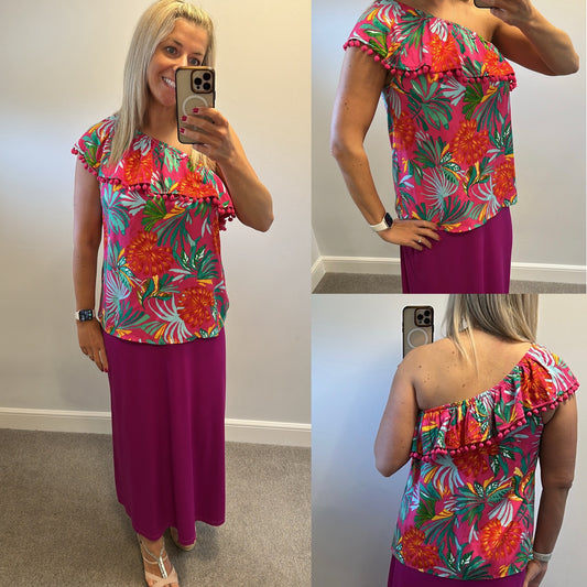Love & Roses pink floral one shoulder top size 14 brand new with tags