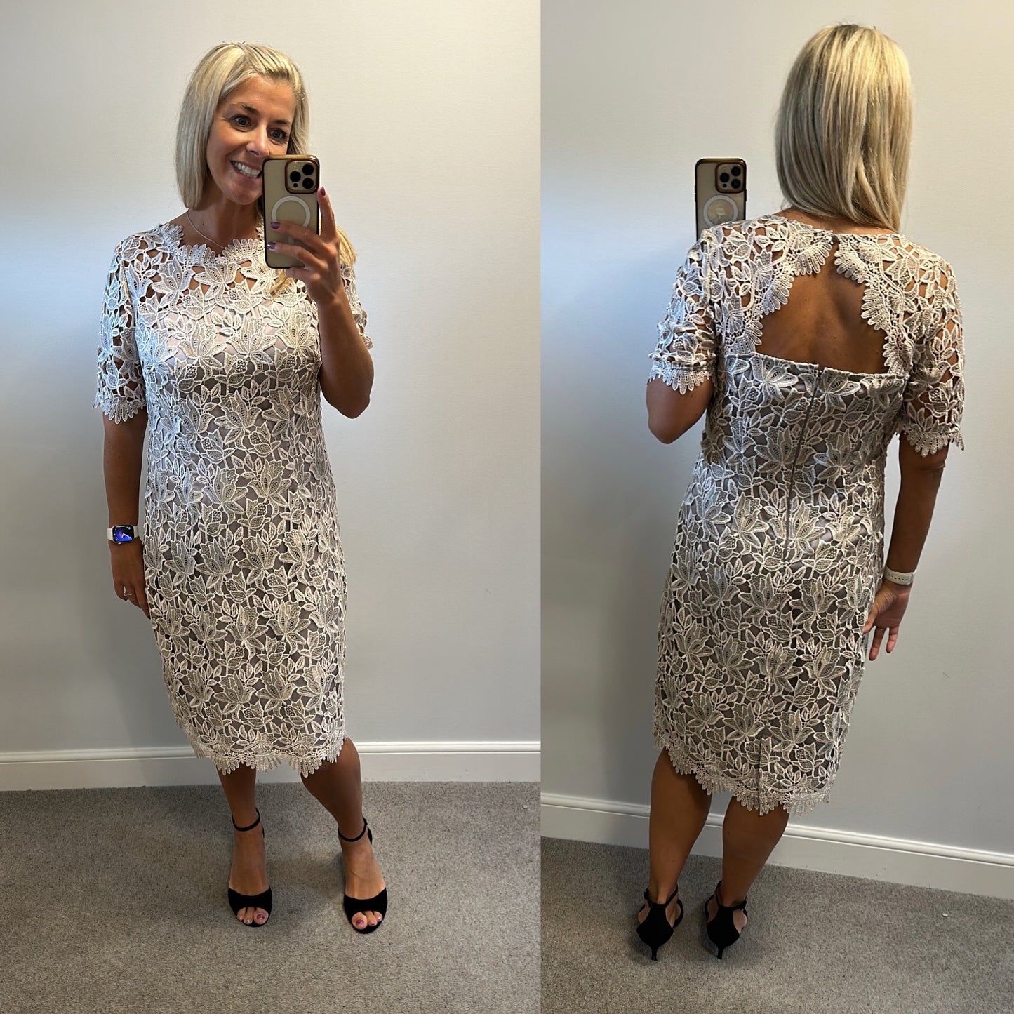 Kaleidoscope champagne gold / taupe lace dress size 14