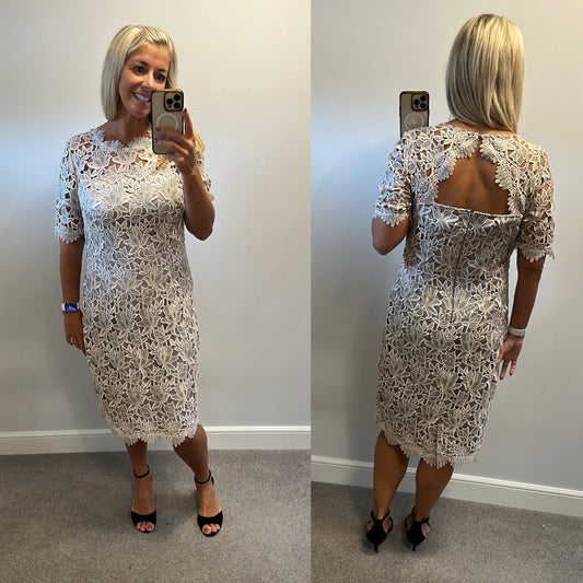 Kaleidoscope champagne gold / taupe lace dress size 14