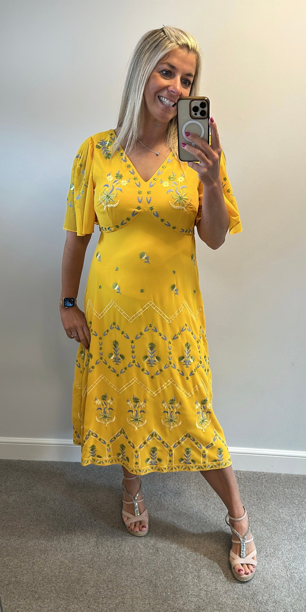 Monsoon yellow embroidered dress size 12