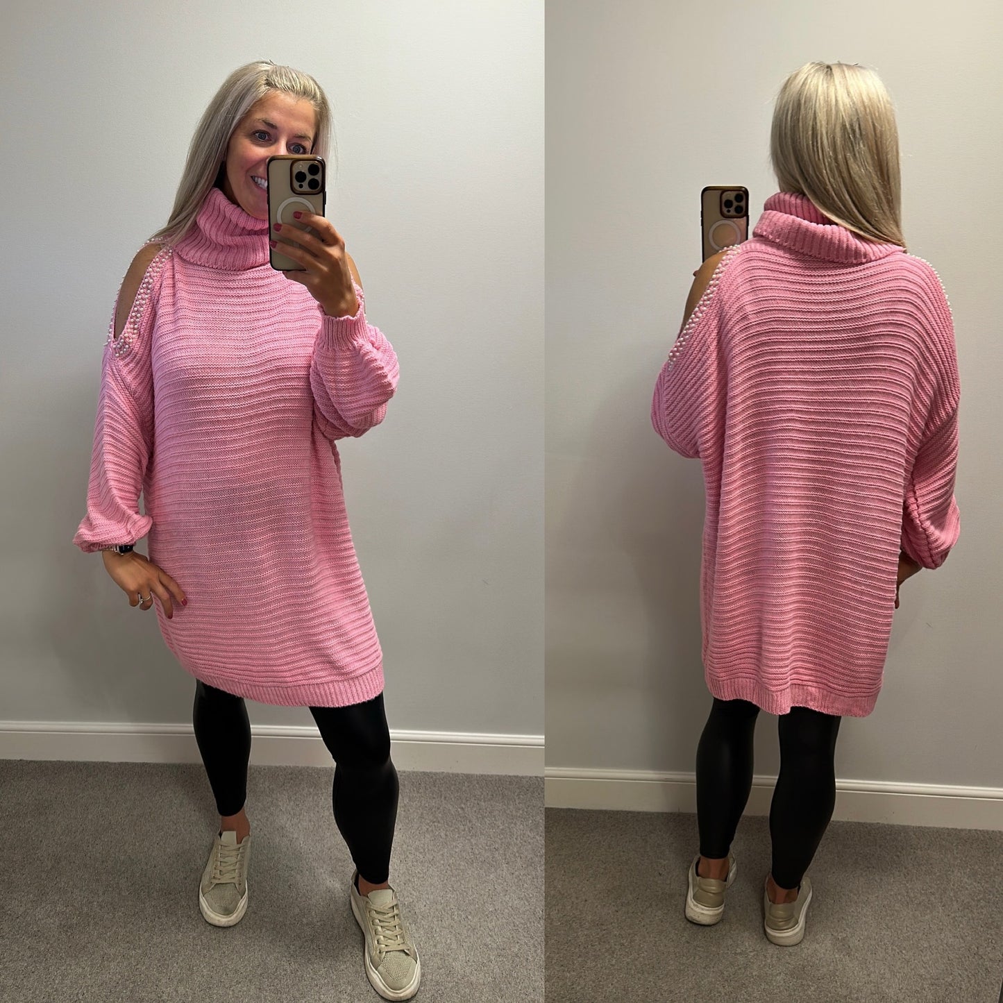 Pink cold shoulder pearl knit turtleneck jumper / dress one size would fit upto size 18