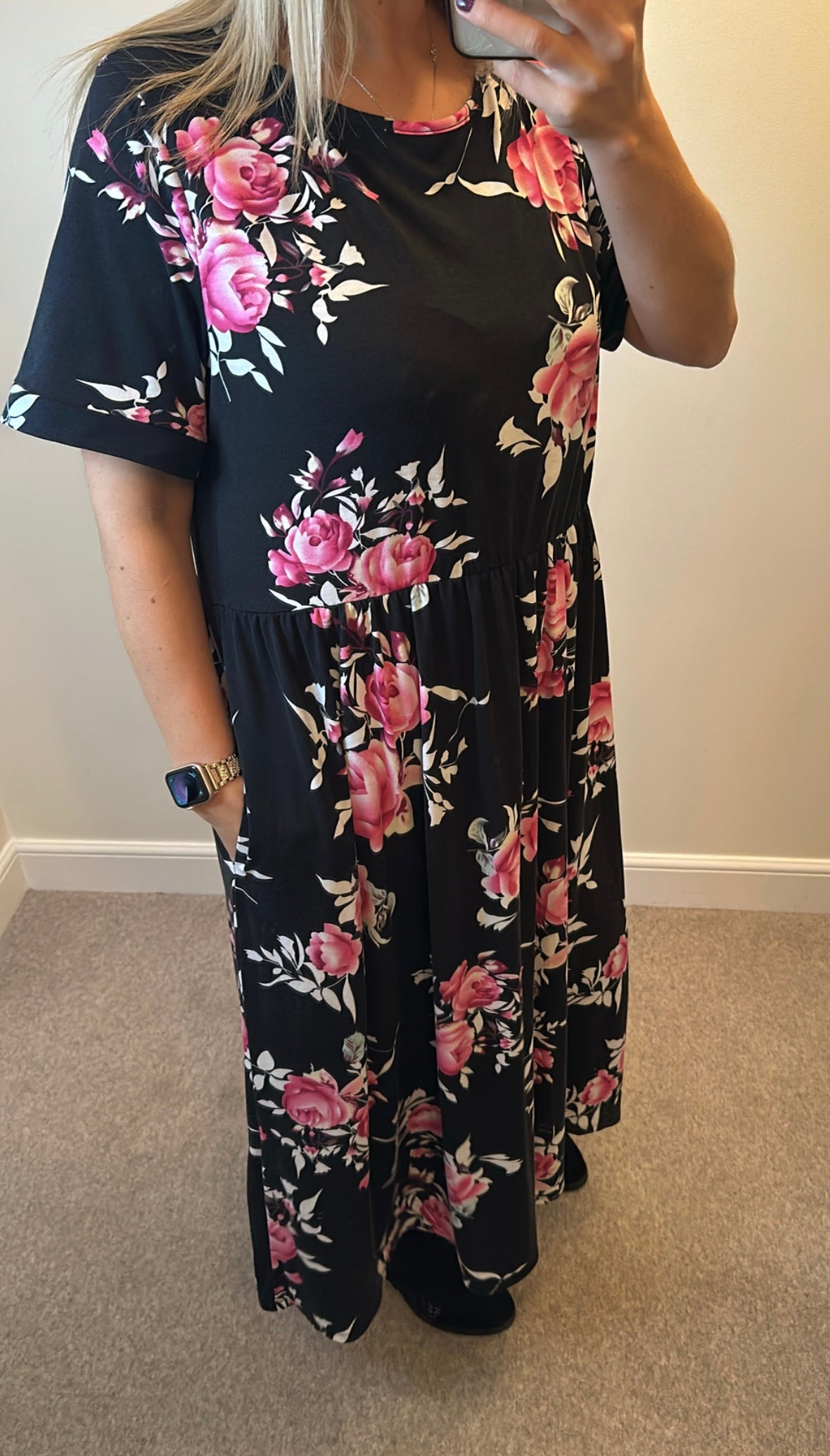 Nemidor black floral dress with pockets size 24