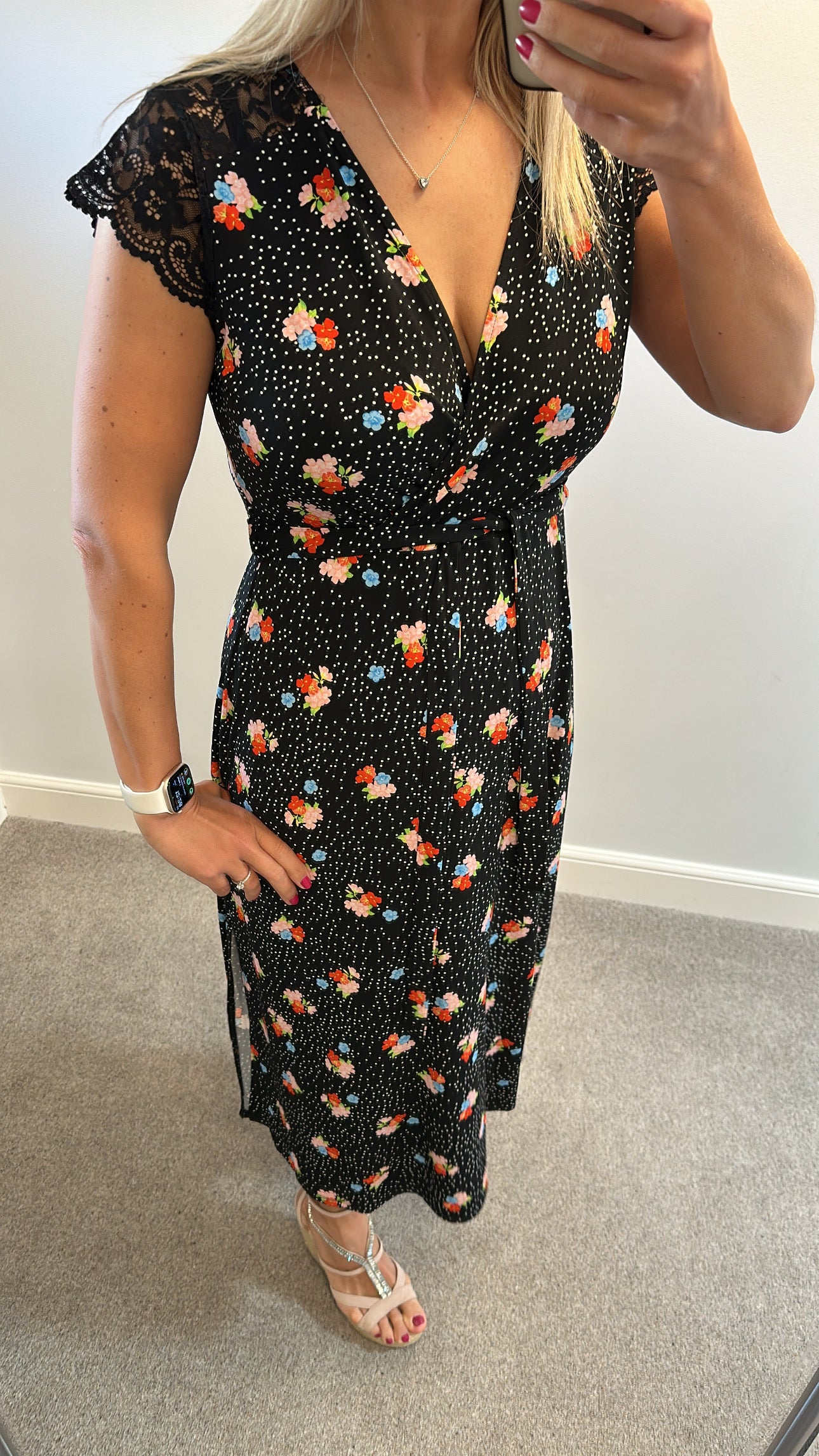 Black floral polka dot dress one size fitting upto size 16