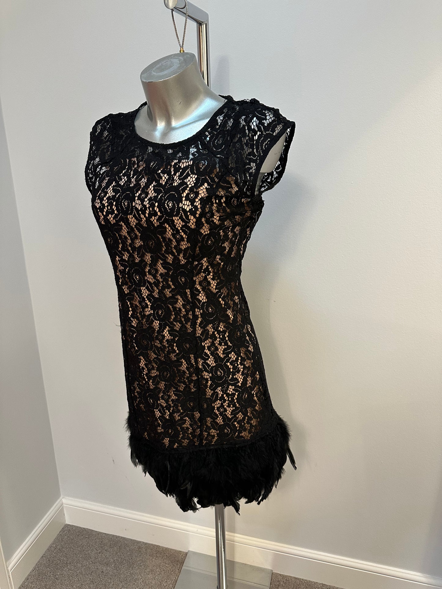 DS black lace feathered hem dress size 6