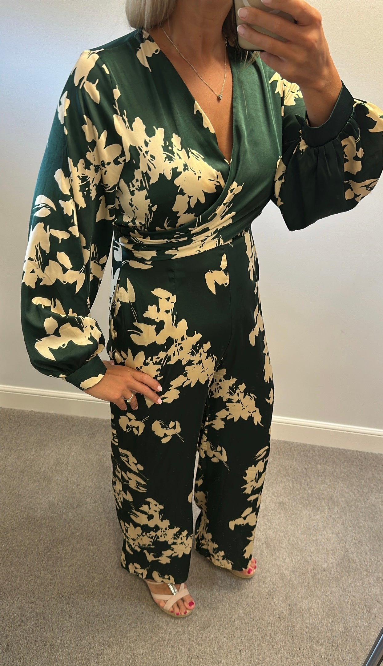 Girl in mind green floral silk style jumpsuit with pockets size 12