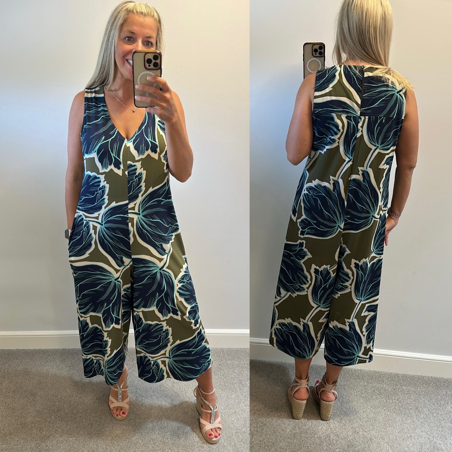 Next khaki green and navy jumpsuit size 14