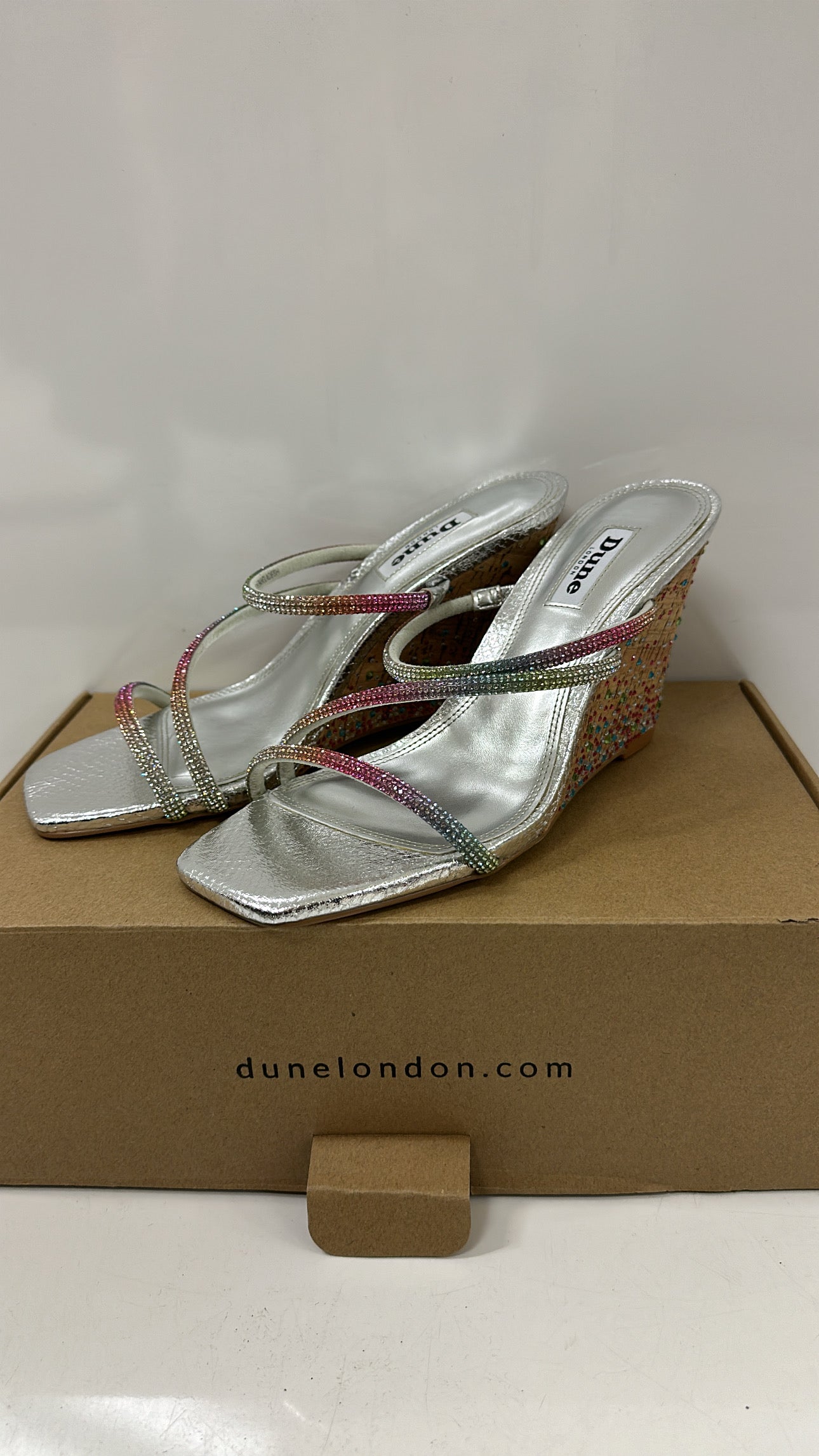 Dune London “Miri” silver Diamante Cork Wedge Sandals UK 5 brand new in box