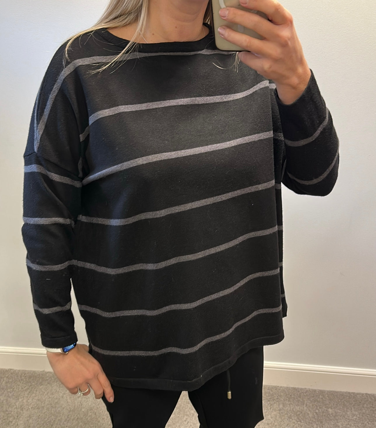“Amazing” black and grey stripe knit jumper one size fitting upto size 18