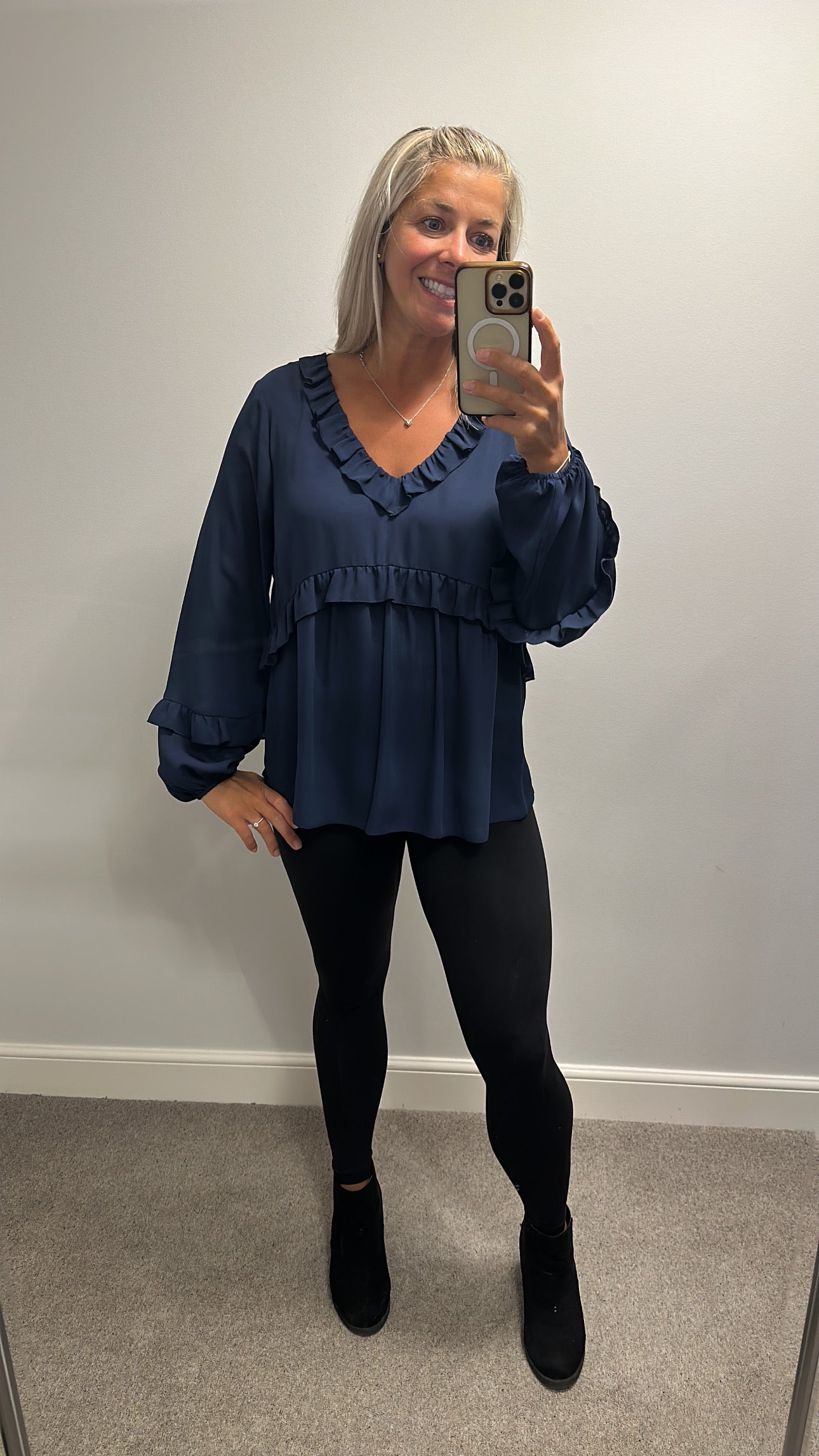 Dorothy Perkins navy ruffle blouse size 16