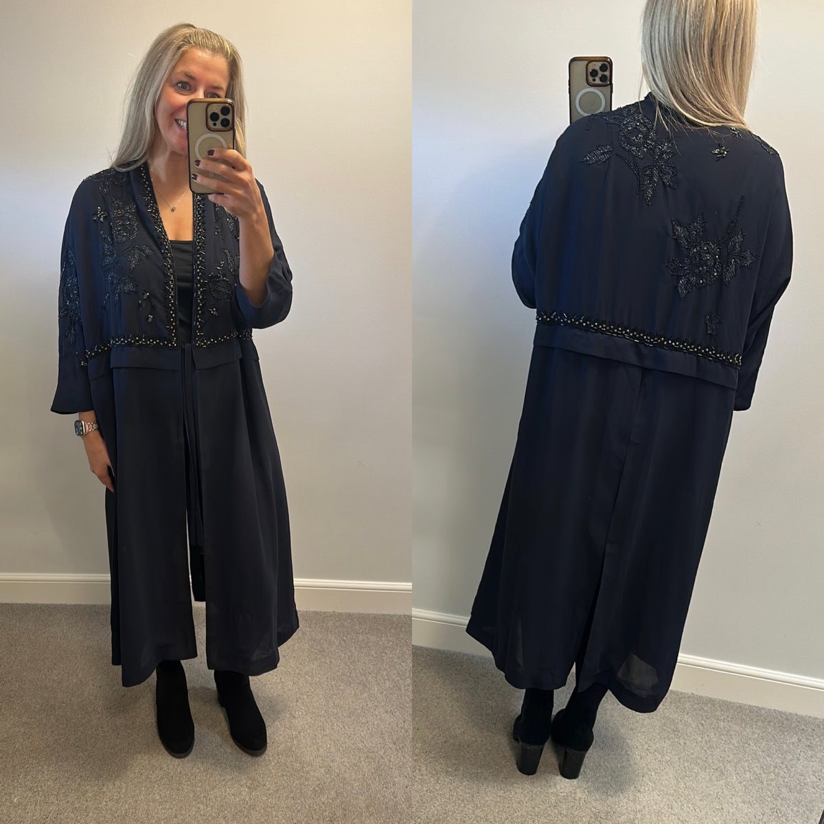 French Connection sheer navy embellished over coat size 12 (oversized would fit upto size 16)