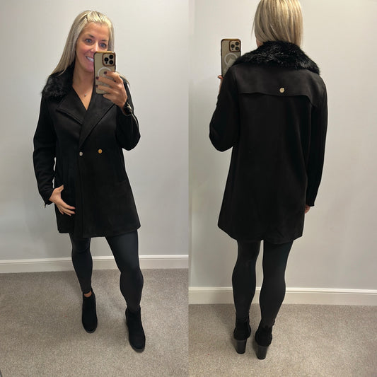 River island black suede style jacket with fur trim collar size 14