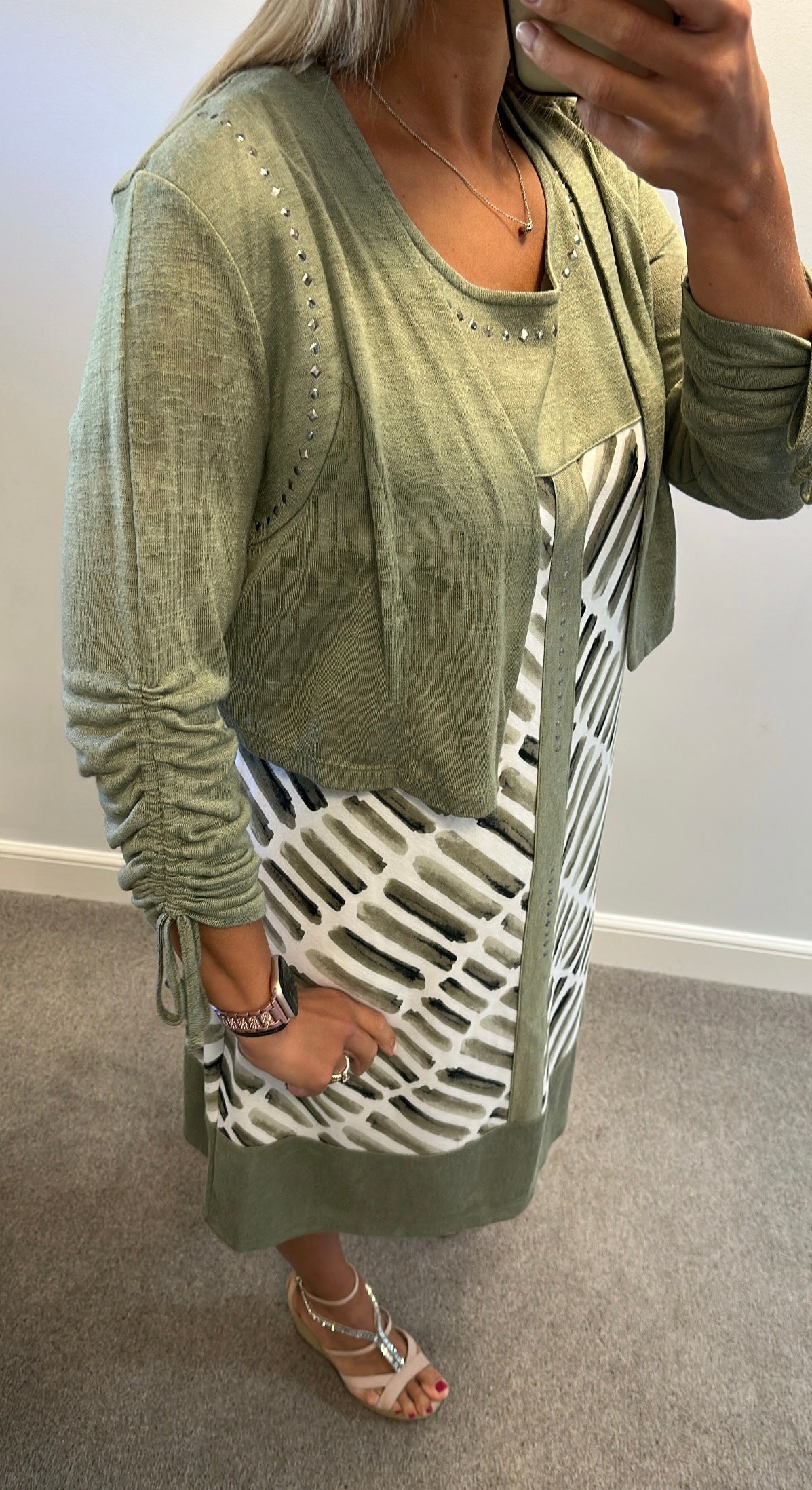 Picadilly khaki green print dress and cardigan size L would fit upto size 16