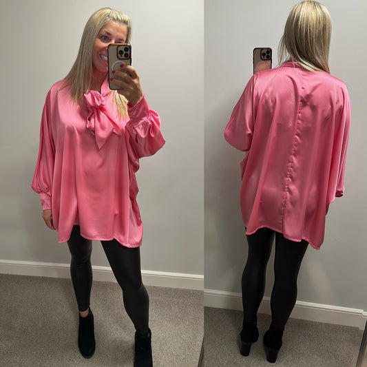 New collection pink silk style pussy bow blouse one size fitting upto size 24 brand new with tags