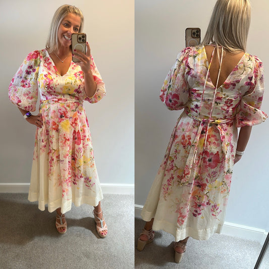 Phase eight off white floral print dress size 12 brand-new