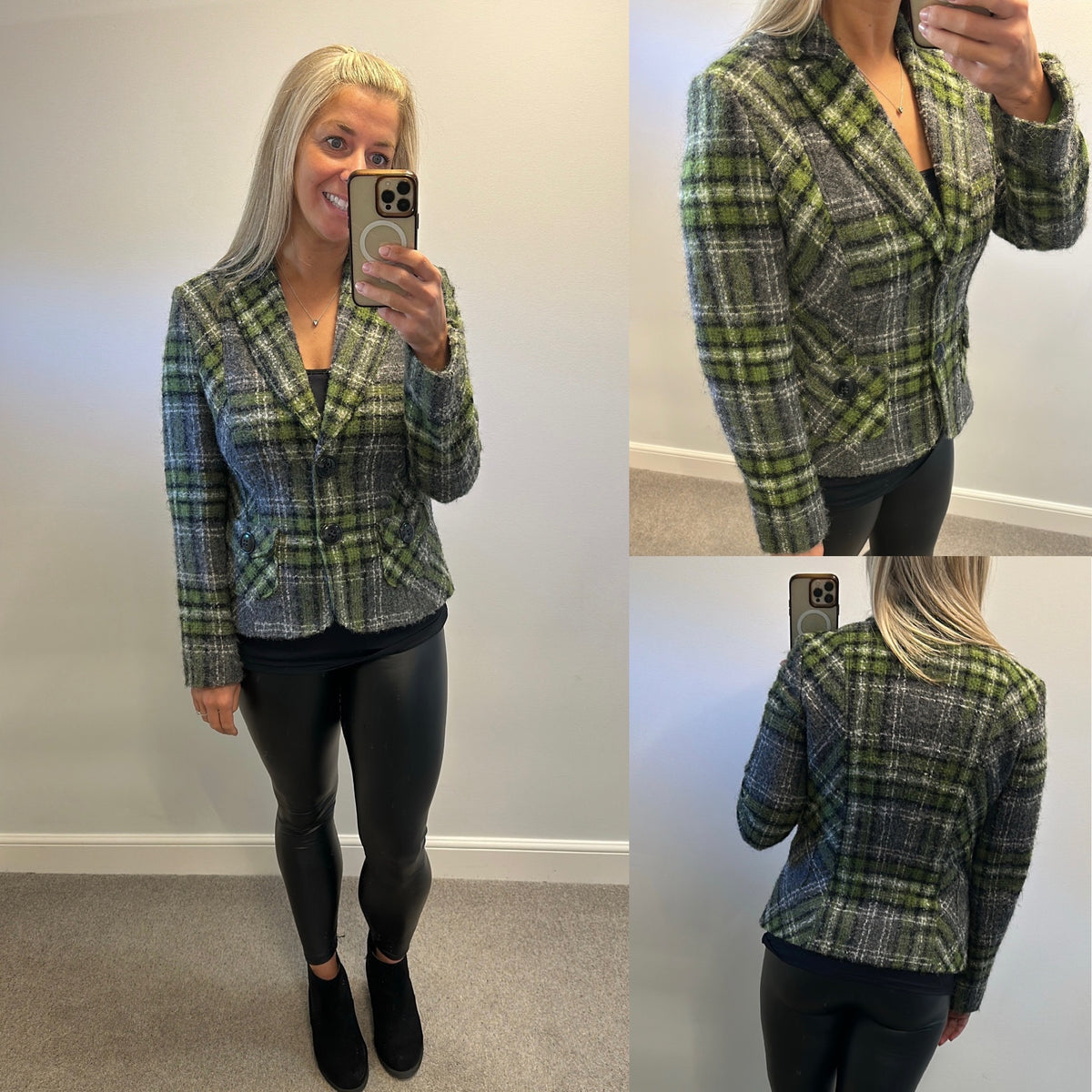 Betty Barclay green check wool blazer jacket size 12